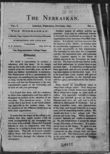 First page of first issue of The Nebraskan.