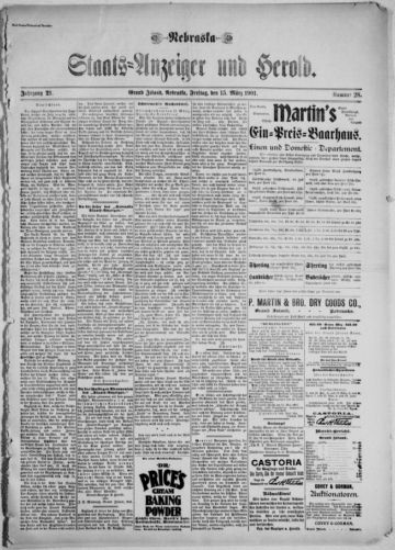 First page of first issue of Nebraska Staats-Anzeiger und Herold.